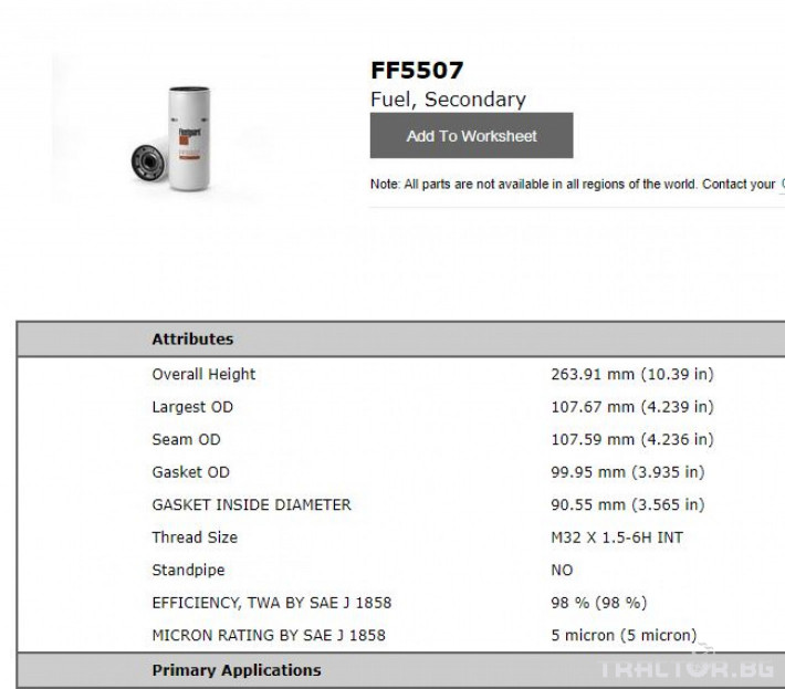 Филтри FLEETGUARD Горивен филтър FF5507 = SN70201 = 7420541381 0 - Трактор БГ