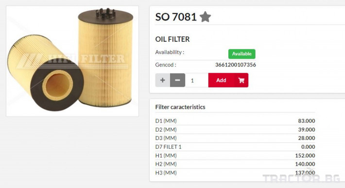 Филтри HIFI FILTER Маслен елемент SO7081 = 6065187= P7199 0 - Трактор БГ