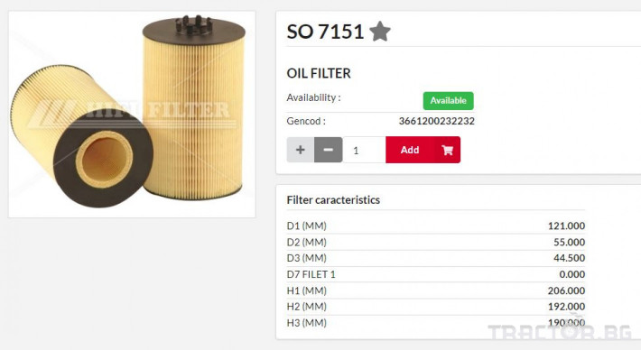 Филтри HIFI FILTER Маслен елемент SO7151 = OE646/2 = P550820 0 - Трактор БГ