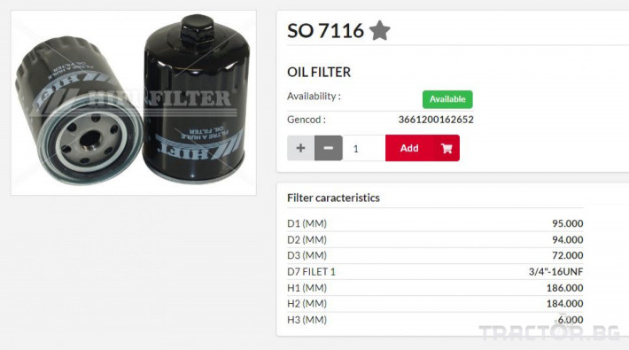 Филтри HIFI FILTER Маслен филтър SO7116 = 13281621 = P550299 0 - Трактор БГ