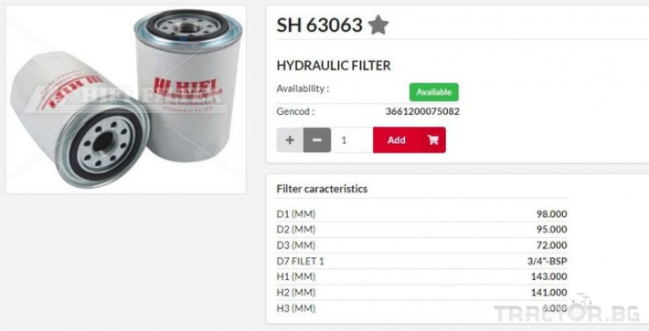 Филтри HIFI FILTER Хидравличен филтър SH63063 = P171606 = BT8472 0 - Трактор БГ