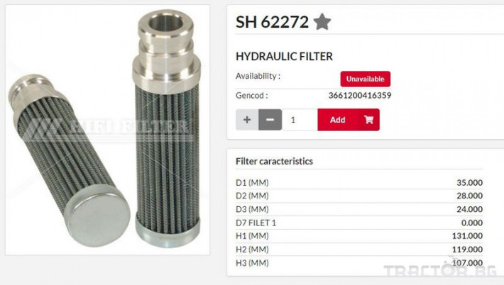 Филтри HIFI FILTER Хидравличен елемент SH62272 = 6005018592 =P173080 0 - Трактор БГ