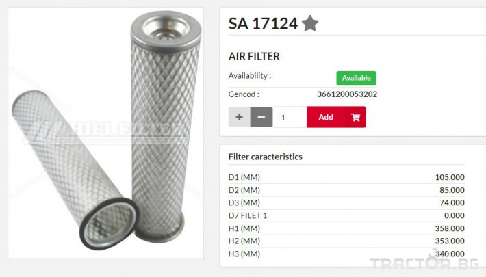 Филтри HIFI FILTER Въздушен филтър фин SA17124 = 87682966 = P119410 0 - Трактор БГ
