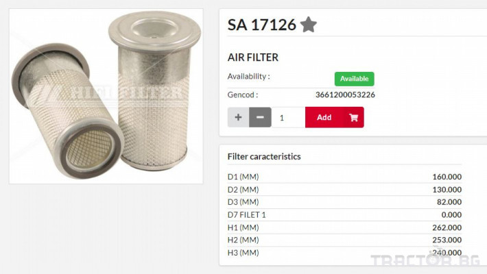 Филтри HIFI FILTER Въздушен филтър груб с шапка SA17126 = 91261-06200 = PA3650 0 - Трактор БГ