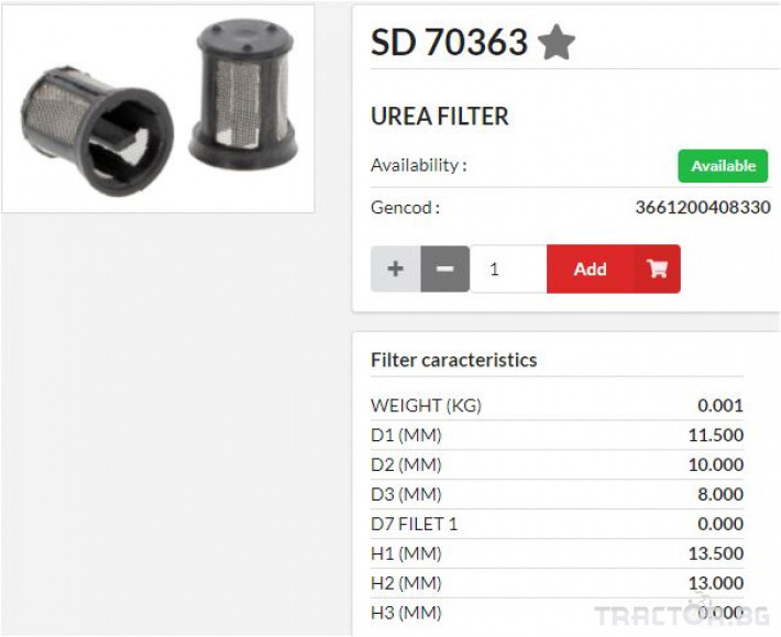 Филтри HIFI FILTER AdBlue елемент SD70363 = U1002 = 84367903 0 - Трактор БГ
