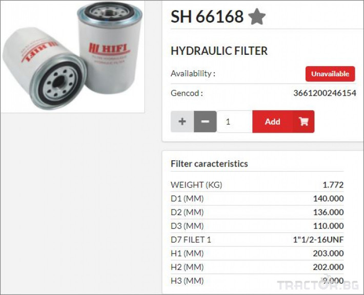 Филтри HIFI FILTER Хидравличен филтър SH66168 = P550605 = BLTM160F3W10 0 - Трактор БГ