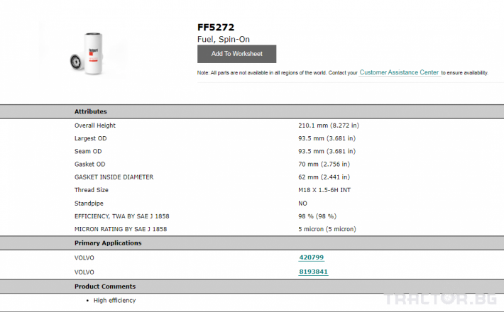 Филтри FLEETGUARD Горивен филтър FF5272 = BF7644  = P550372  = 01182672 0 - Трактор БГ